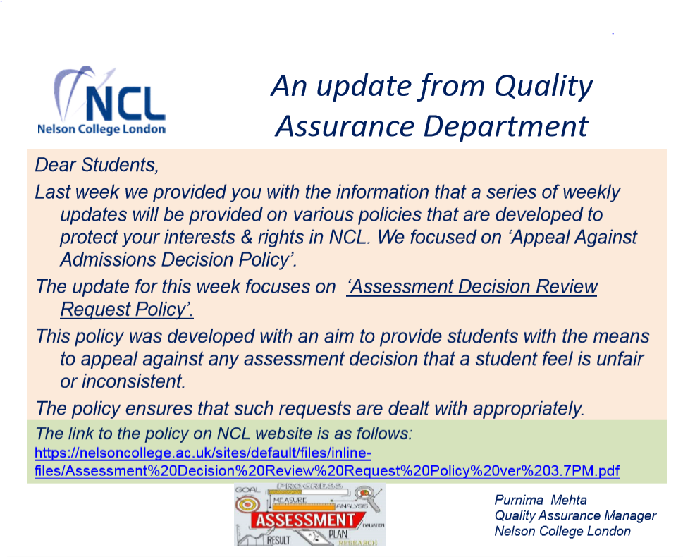 An update from Quality Assurance Department
