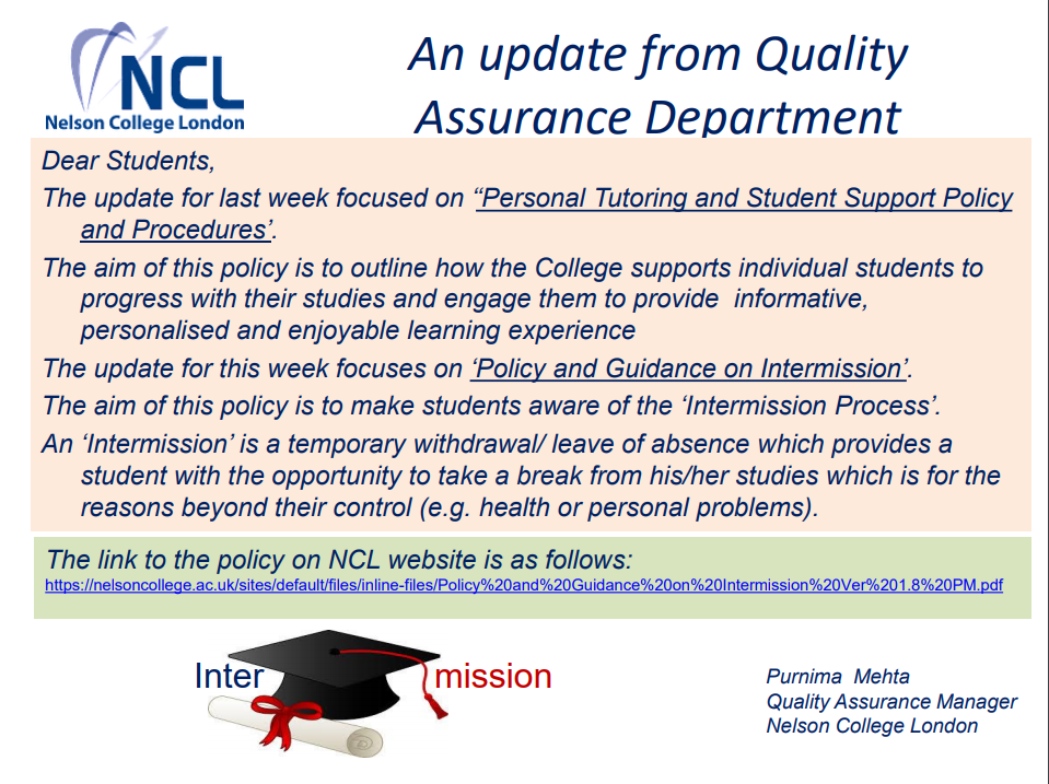 An update from Quality Assurance Department - ‘‘Personal Tutoring and Student Support Policy and Procedures’