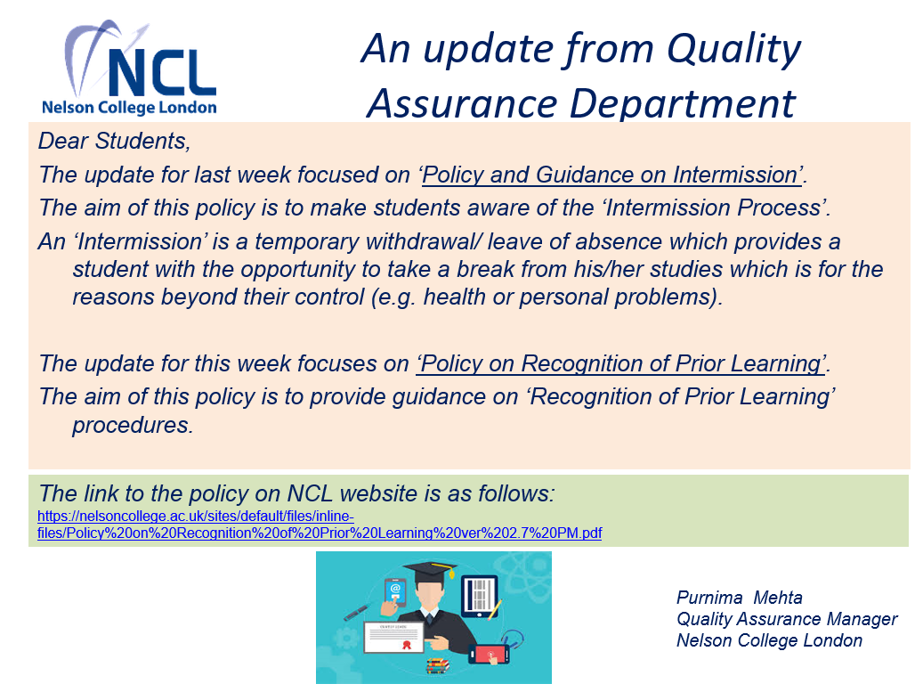 An update from Quality Assurance Department - 'Policy on Recognition of Prior Learning'