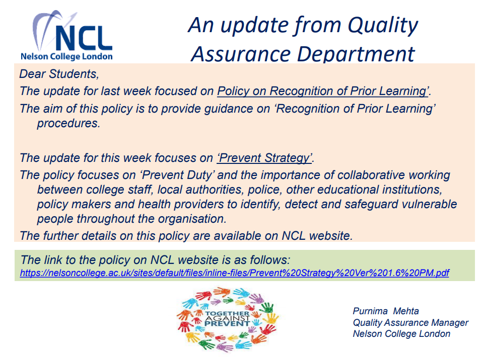 An Update from Quality Assurance Department - 'Policy on Recognition of Prior Learning'